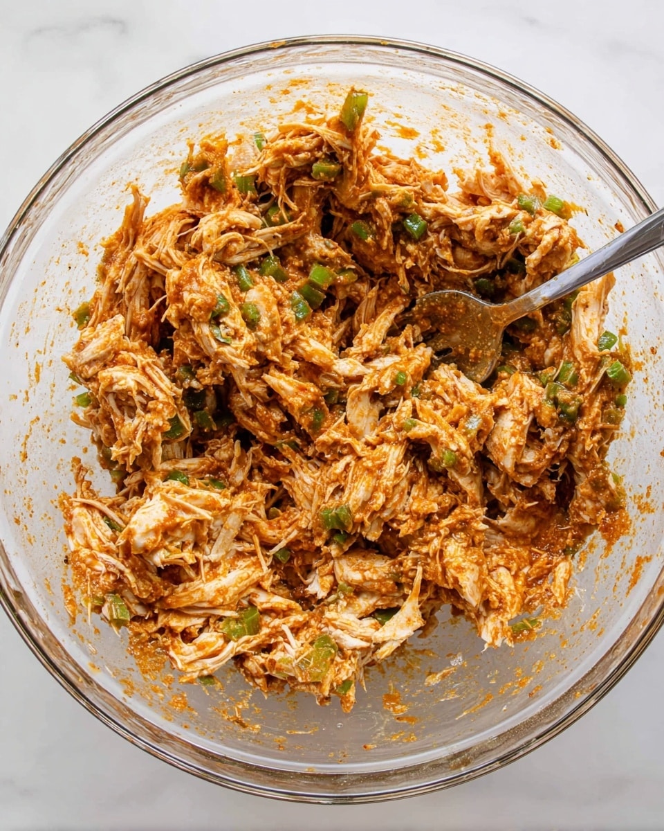 A clear glass bowl holds a mix of shredded white chicken layered heavily with orange-brown spices and bits of green chopped vegetables, creating a textured look with uneven chunks throughout. The mixture looks moist but thick, with visible strands of chicken intertwined with the green pieces and seasoning. On the right side inside the bowl, a metal spoon is partially visible, slightly buried in the mixture. The bowl sits on a white marbled surface. photo taken with an iphone --ar 4:5 --v 7