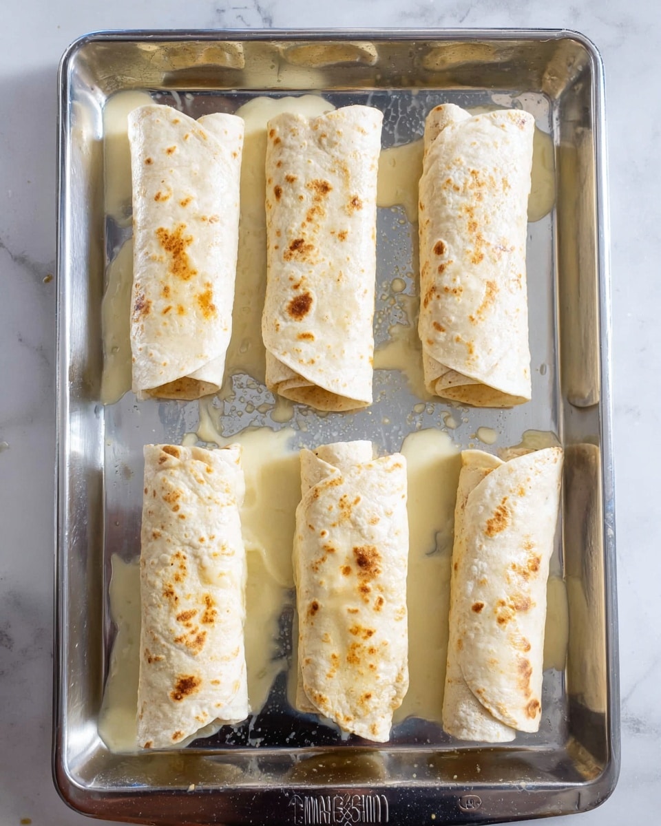 The image shows six small, rolled tortillas laid out in two rows on a shiny silver baking tray with some white sauce splattered around them. The tortillas are light beige with darker toasted spots scattered on their surfaces. The sauce gives a glossy look to the tortillas as it drips slightly over the edges. The background below the tray is a white marbled texture. photo taken with an iphone --ar 4:5 --v 7