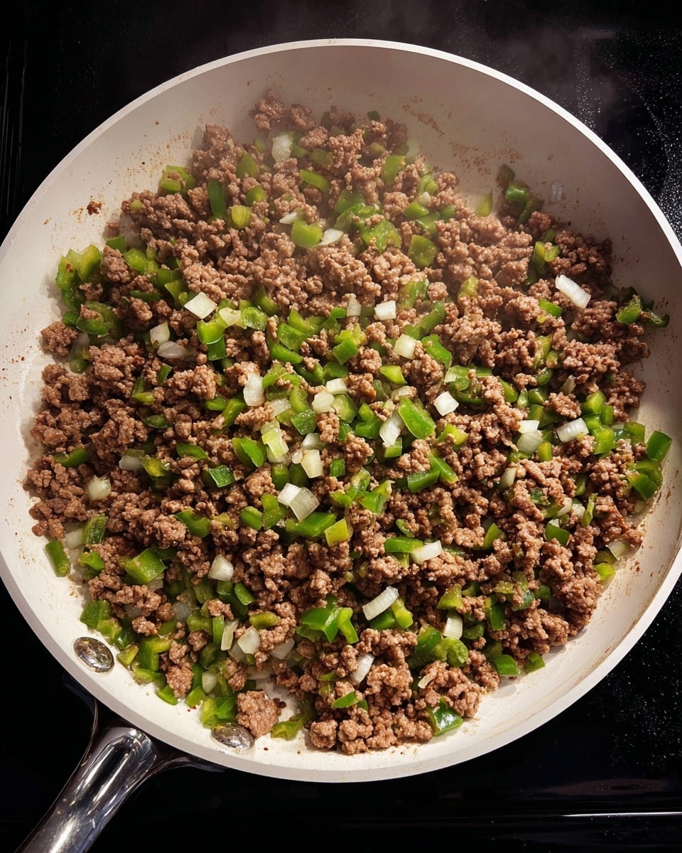 A top-down view of a white frying pan filled with cooked ground meat mixed with finely chopped green bell peppers and small white onion pieces. The meat is brown and crumbly, spread evenly over the pan’s surface, with the green and white vegetables scattered throughout. The frying pan sits on a stove with a shiny black surface, and light steam rises slightly from the mixture, showing it is hot. The pan handle is shiny and metallic, positioned to the left side. Photo taken with an iphone --ar 4:5 --v 7