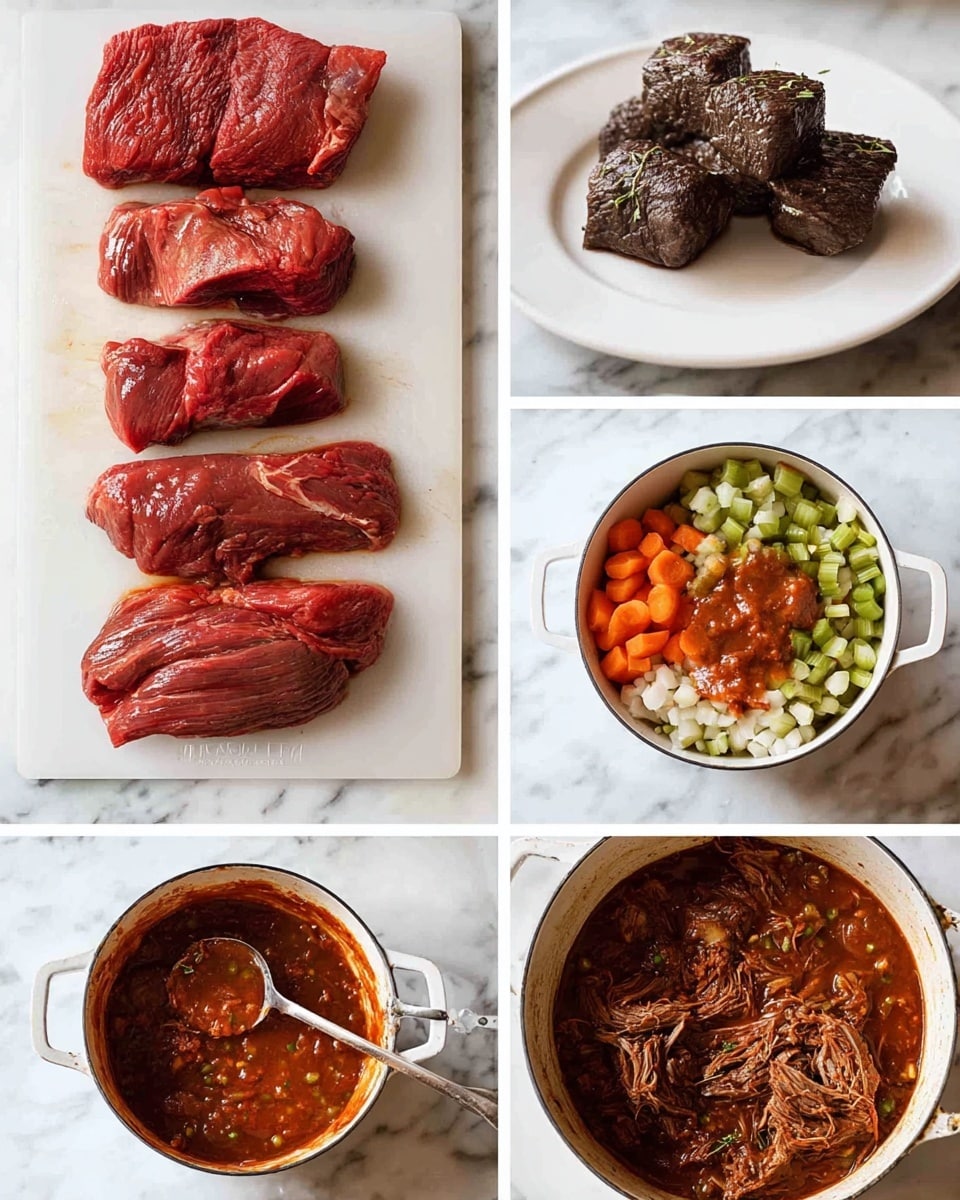 The image shows a step-by-step process of making a meat stew. The first layer has a large piece of raw red meat on a white cutting board, and below it, the same meat is cut into four pieces on the same board, all on a white marbled surface. To the right, there is a white plate with three cooked, dark brown pieces of meat stacked. Below, a white pot contains the meat pieces browning and steaming. Next to it, another white pot holds chopped orange carrots, green celery, and onions, which are then shown mixed and stirred. Further down, a white pot shows the meat with added dark red tomato sauce and herbs cooking. The final part includes a close-up of the thick stew with shredded meat and vegetables, showing a rich reddish-brown texture with some herbs, and a spoon stirring the stew in the pot. The photo taken with an iphone --ar 4:5 --v 7