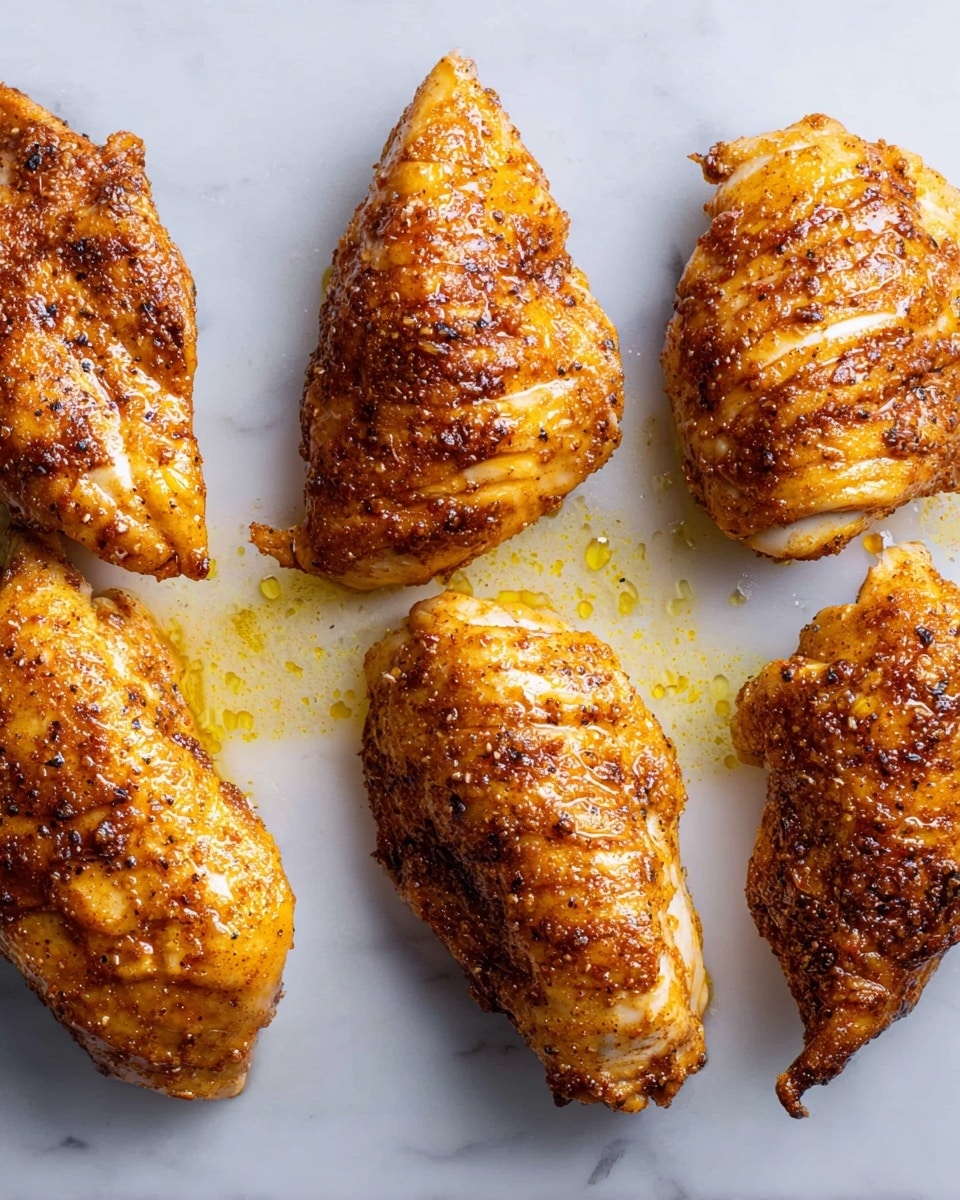 The image shows four cooked chicken pieces arranged in a row on a white marbled surface. Each piece is golden brown with visible seasoning that gives a slightly textured and shiny look from the oil or juices. The chicken pieces vary slightly in size and shape but all have a firm, well-cooked appearance with some darker, crispy edges. There are small spreads of oil around the chicken, enhancing the rich color and texture. Photo taken with an iphone --ar 4:5 --v 7