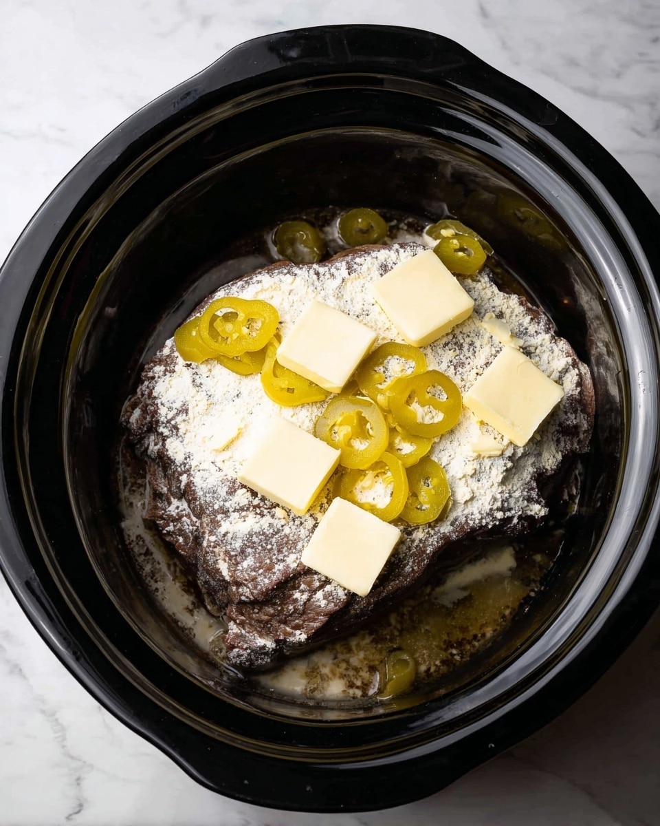 Inside a black slow cooker, there is a single large piece of dark brown meat at the bottom. It is covered with a light layer of white powdery flour. On top of the meat and flour, there are several small slices of yellow pickled peppers spread around. Four square pats of pale yellow butter rest evenly on the surface. The slow cooker sits on a white marbled texture surface. photo taken with an iphone --ar 4:5 --v 7