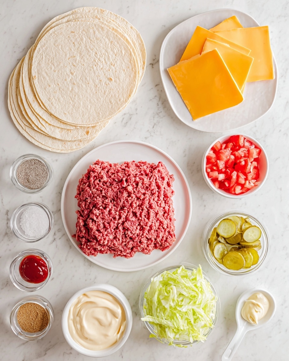 The image shows ingredients for making a wrap laid out on a white marbled surface. There are four round, light beige tortillas stacked on the top left. Next to them on the top right, there are three square slices of bright orange and yellow cheese on a white plate. Below the tortillas is a white plate filled with raw, textured ground meat that is pinkish red. To the right of the meat, there are three small bowls: one with chopped red tomatoes, one with sliced green pickles, and one with shredded pale green lettuce. Below the meat plate, on the left, there are three small containers: one with salt and pepper, one with a light brown seasoning, and one with red ketchup. To the right of these is a small bowl with creamy light beige mayo. Below that is a small white spoon with a tiny amount of yellow mustard, and next to it is a small white jug holding light yellow oil. The scene is bright and clean. Photo taken with an iphone --ar 4:5 --v 7
