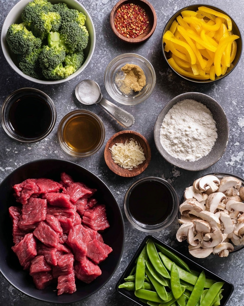 A top view of raw ingredients neatly arranged on a dark white marbled surface. At the center, there is a black bowl filled with bright pink sliced beef in thick strips. Around it, clockwise from top left: a white bowl with bright green broccoli florets, a small wooden bowl of coarse salt, a small wooden bowl of red pepper flakes, a metal measuring cup with white flour, a small white bowl of crushed garlic, a small white bowl of minced ginger, a metal measuring cup with light brown powder, a glass measuring cup with dark brown liquid, a small glass jar with black soy sauce, a glass jar with light brown sauce, a black bowl with fresh green sugar snap peas, a clear black tray of sliced mushrooms, a black bowl of yellow bell pepper strips, and a black bowl of sliced white onions. The lighting is soft and even, showing details in each ingredient clearly. photo taken with an iphone --ar 4:5 --v 7