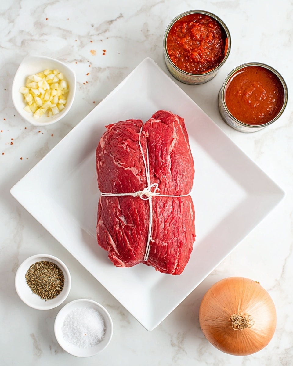 A large piece of raw red meat tied with string sits in the center of a white square plate, showing a smooth but slightly textured surface with some light marbling. Around the plate on a white marbled texture are several ingredients: a whole light brown onion with papery skin on the right, a small white bowl of coarse salt and black pepper below the plate, another small white bowl filled with light yellow chopped garlic at the bottom left, a white cup containing reddish-brown spice mix at the right, and two open cans above the plate—one with thick, dark red tomato paste and the other with chunky red tomato sauce. The overall setup is bright and clean. photo taken with an iphone --ar 4:5 --v 7