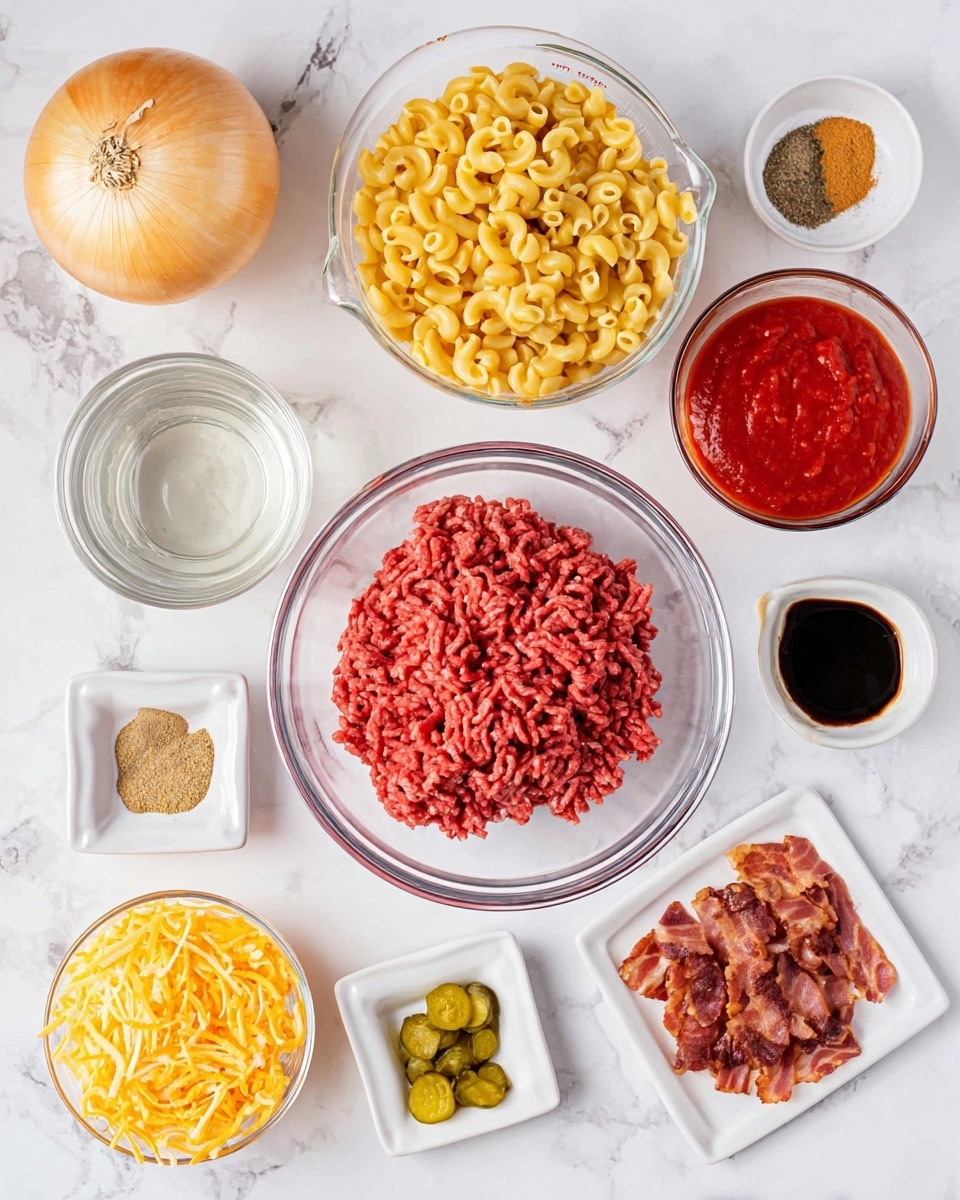 The image shows various ingredients arranged neatly on a white marbled surface. In the center is a clear bowl with raw ground meat, deep red in color and textured with strands. Above it are three measuring cups: one filled with uncooked elbow macaroni in golden yellow, one with clear water, and one with bright red tomato sauce. To the left of the meat is a whole yellow onion with skin on, and beneath it are shredded cheese in a white bowl, a small white square dish with salt and pepper, and a small white bowl with chopped pickles. To the right of the meat are three small round white plates: one with dark brown soy sauce, one with three types of powdered spices in yellow and brown shades, and one with cooked crispy bacon pieces in reddish-brown. The ingredients are evenly spaced with clear textures and colors, photo taken with an iphone --ar 4:5 --v 7