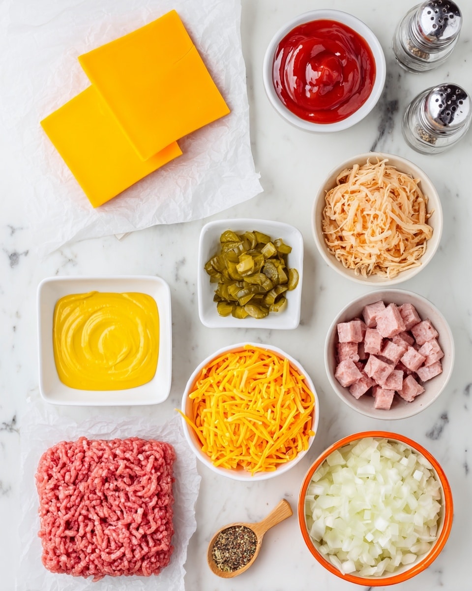 The image shows ingredients arranged neatly on a white marbled surface, ready for a meal. There are two slices of bright yellow cheddar cheese on parchment paper at the top center. To the left, a small white bowl is filled with smooth red ketchup, while below it, a small square white dish holds bright yellow mustard. In the center, a small square white bowl contains finely chopped green pickles. To the right, a larger white bowl with an orange rim holds white chopped onions. Below these, a round white bowl is filled with shredded bright orange cheddar cheese. Next to it, a white bowl holds small chunks of cooked bacon. At the bottom left, raw pink ground beef is placed on parchment paper. A small wooden spoon of mixed spices sits near the mustard, and salt and pepper shakers are placed on the top right. Photo taken with an iphone --ar 4:5 --v 7