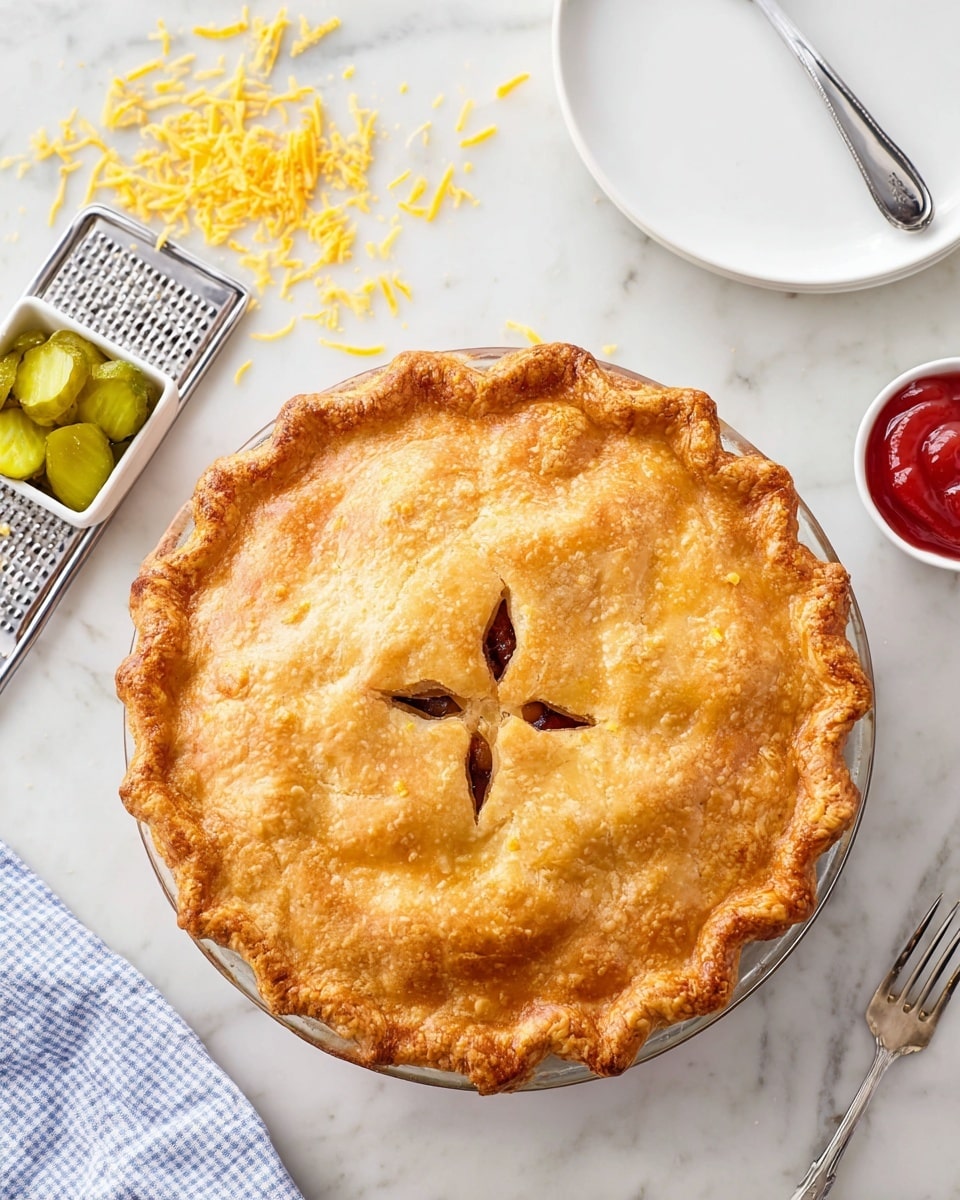 A golden-brown pie with a slightly cracked and flaky top crust sits in a clear glass pie dish. The crust's edge is crimped in a wavy pattern around the pie, and there are six slits cut into the center in a star shape, showing a dark filling inside. The pie is placed on a white marbled surface, with a metal grater and scattered shredded yellow cheese to the upper left. Nearby, a small white square bowl holds green pickle slices, and a small white round dish contains red ketchup. There's a white plate with a metal fork visible in the top right corner and a light blue and white checkered cloth partially visible in the bottom left corner. photo taken with an iphone --ar 4:5 --v 7