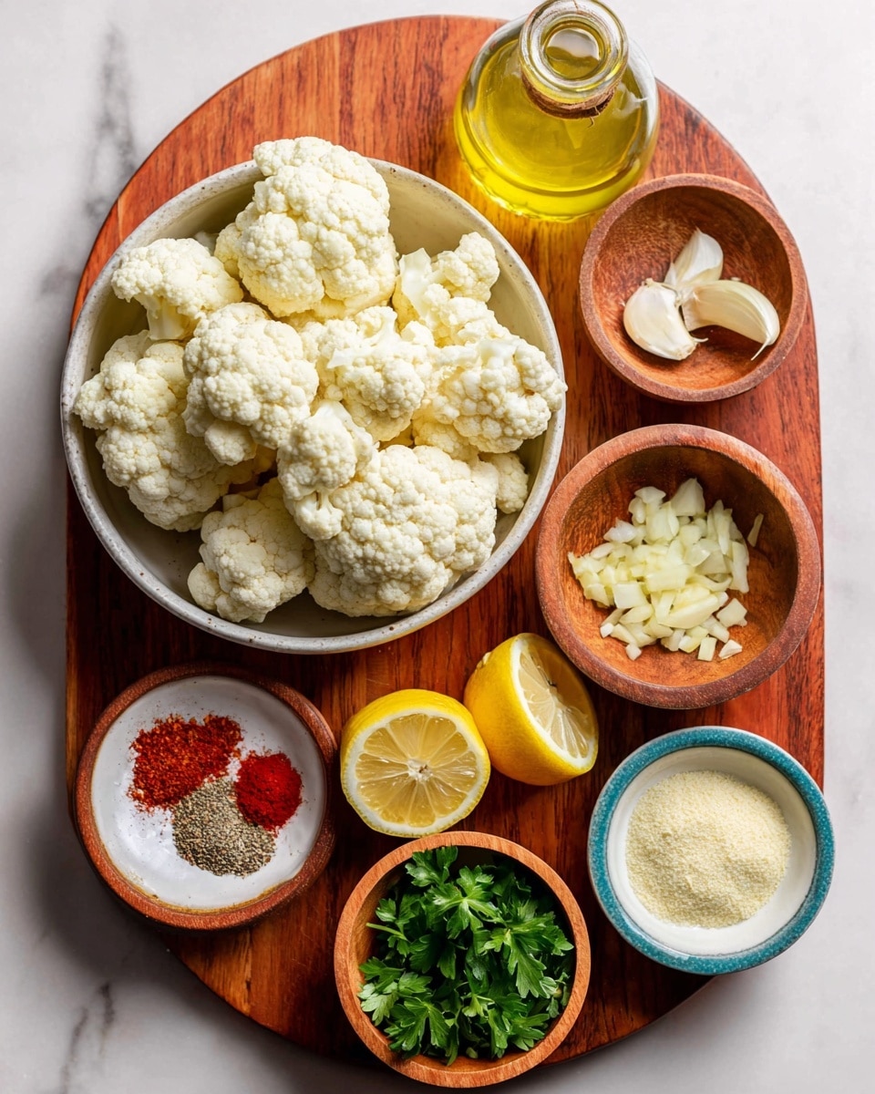 The image shows a wooden round board set on a white marbled surface, holding several small bowls with different ingredients. The largest bowl, white inside, is filled with many white cauliflower florets piled high. A clear glass bottle with yellow oil and a small wooden bowl with chopped garlic sit close to the top right. Below these, another wooden bowl contains bright green parsley leaves. Next to it, a wooden bowl holds two lemon halves, showing bright yellow flesh. There is a small white bowl with three spices: red powder, black pepper, and white salt. Another white bowl with a blue rim contains a powdery light yellow substance. The arrangement is neat and well lit, photo taken with an iphone --ar 4:5 --v 7