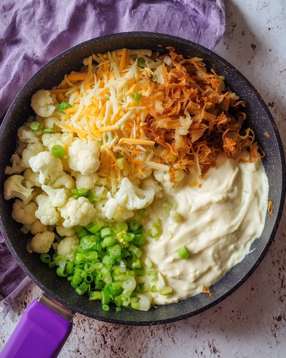 A round black pan with a purple handle holds a mixture of ingredients arranged in separate clusters: at the bottom right, a creamy white sauce with a smooth texture, next to it on the left are small white cauliflower pieces, above the cauliflower are bright green chopped scallions, to the top left is a pile of crispy golden-brown fried onions, and beside them on the far left are pale yellow and white shredded cheese strands with some orange ones mixed in, all on a white marbled surface with a light purple cloth partially visible at the top left corner photo taken with an iphone --ar 4:5 --v 7