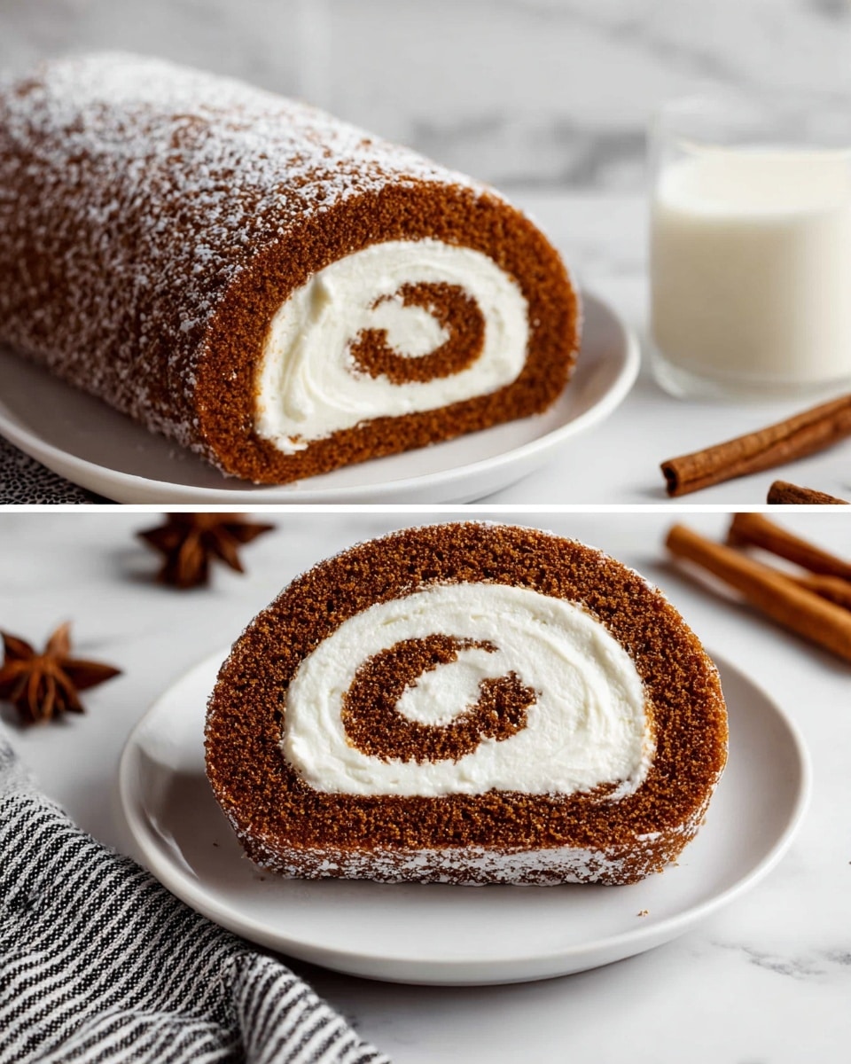 The image shows a close-up of a brown rolled cake with a smooth white cream swirl inside, sliced to reveal its spiral shape. The cake has a soft, spongy texture with a dusting of powdered sugar on top. The left side displays a larger section of the whole cake lying on a white plate, while the right side shows a single slice placed on a white plate on a white marbled surface. Nearby, a glass of milk and some cinnamon sticks add to the cozy setting. A black and white striped cloth is partly visible at the bottom. Photo taken with an iphone --ar 4:5 --v 7