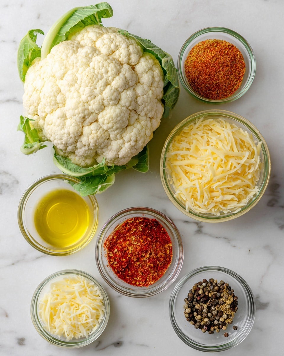 A whole white cauliflower with green leaves is placed on the top left side of a white marbled surface. To the right of it are six small glass bowls arranged in a grid. The top right bowl contains an orange-red spice mix. Below it is a bowl filled with shredded yellow cheese. Below the shredded cheese is a bowl with golden olive oil. To the immediate left of the olive oil bowl is a smaller bowl with a bright red spice. Above that bowl is another small bowl with finely shredded pale yellow cheese. To the right of the olive oil bowl is a bowl filled with cracked black pepper. All the bowls are clear glass and placed neatly on the white marbled surface. photo taken with an iphone --ar 4:5 --v 7