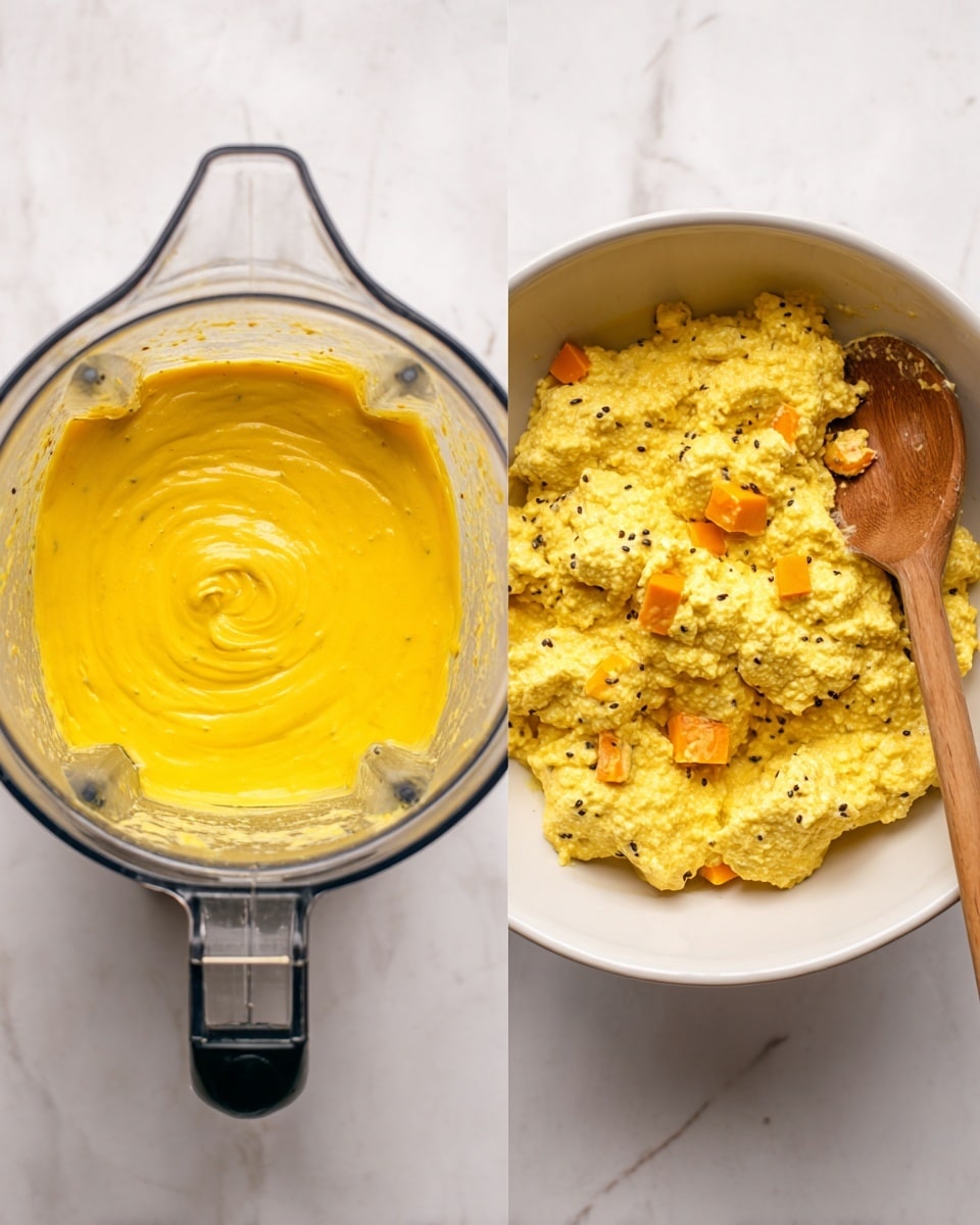 The image shows two side-by-side photos on a white marbled surface. On the left, there is a clear blender container filled with a smooth, thick, bright yellow mixture with a creamy texture. On the right, a white bowl holds a chunky yellow mixture with small black seeds scattered throughout and orange cubes mixed in. A wooden spoon rests inside the bowl, partially covered with the mixture. Photo taken with an iphone --ar 4:5 --v 7