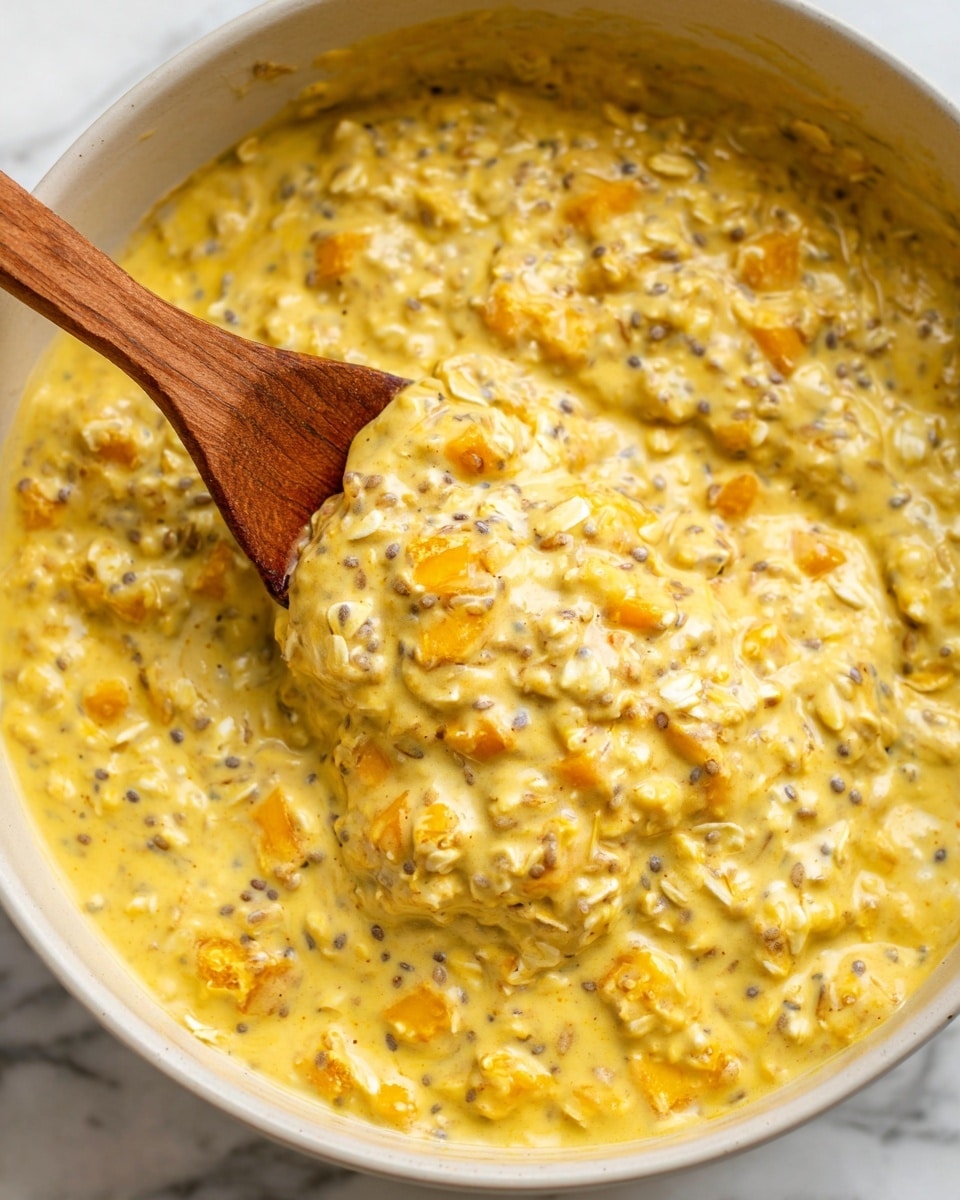 This image shows a close-up of a creamy yellow mixture with small orange chunks and oats, all stirred together in a white bowl. The texture is thick and lumpy with visible small black seeds scattered throughout. A wooden spoon is scooping up the mixture from the bowl, showing the chunky, moist consistency with a mix of soft and firm parts. The surface under the bowl has a white marbled look. photo taken with an iphone --ar 4:5 --v 7
