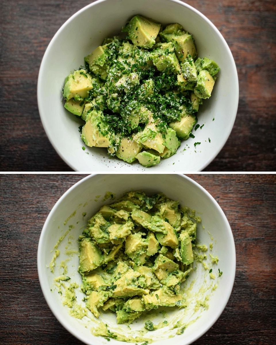 A white bowl filled with diced light green avocado chunks topped with dark green chopped herbs and sprinkled with black pepper and salt, the ingredients sitting loosely on top of each other. Below, the same white bowl shows the avocado mixture mashed into a creamy, uneven textured pale green spread with bits of herbs mixed throughout, the sides of the bowl smeared with some of the mixture. The bowl rests on a dark brown wooden surface. photo taken with an iphone --ar 4:5 --v 7