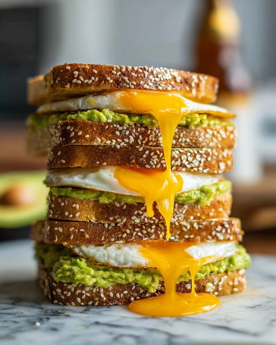 A tall sandwich made of three slices of sesame seed bread with two layers of mashed green avocado in between; on top of each avocado layer, there is a fried egg with white edges and runny yellow yolk dripping down the sides; the sandwich is placed on white marbled textured surface with a blurred bottle in the background; photo taken with an iphone --ar 4:5 --v 7