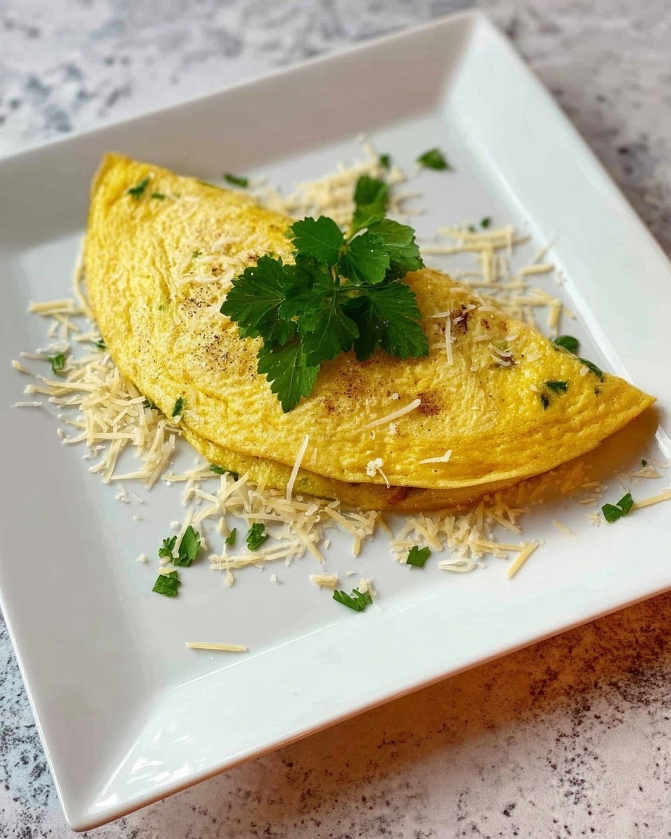 A white square plate with a folded yellow omelette in the center, showing light seasoning spots on its smooth surface, topped with a small bunch of fresh green parsley leaves. Around the omelette, there are scattered fine shreds of pale yellow cheese. The plate rests on a white marbled textured surface. photo taken with an iphone --ar 4:5 --v 7