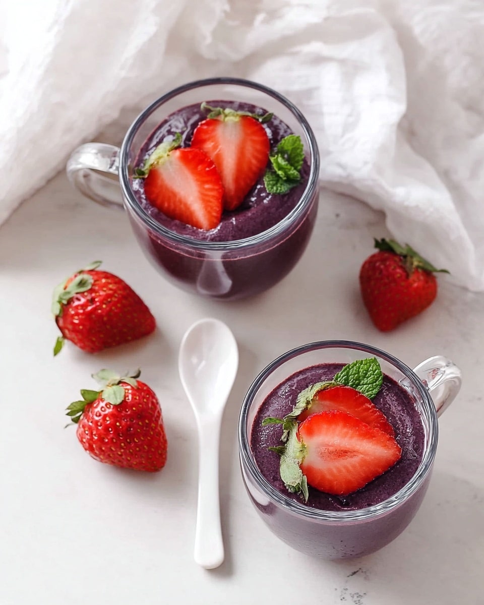 The image shows two clear glass mugs filled with a smooth, deep purple pudding topped with bright red strawberry slices and a small green mint leaf. Next to each mug is a small white spoon lying flat on a white marbled surface. Around the mugs, there are four whole fresh strawberries scattered with green leafy tops. A white cloth is slightly visible in the upper left corner, adding softness to the clean, bright setting. Photo taken with an iphone --ar 4:5 --v 7