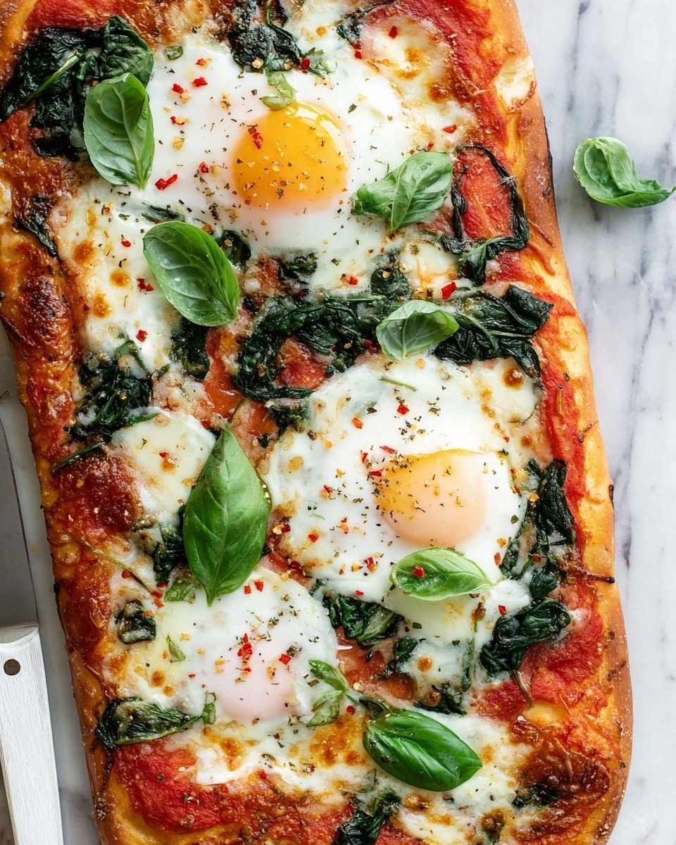 A rectangular pizza with a golden-brown crust forms the base layer, topped with a bright red tomato sauce spread evenly across it. On top of this, melted white cheese is distributed in patches, showing small browned spots. There are dark green cooked spinach leaves scattered across the pizza, adding texture and color contrast. Two sunny-side-up eggs with white, slightly glossy whites and pale yellow yolks sit near each other on the pizza, sprinkled lightly with black pepper and red pepper flakes. Fresh lighter green basil leaves are placed on top as a final garnish. The pizza rests on a white marbled surface with a white pizza cutter visible near the edge. Photo taken with an iphone --ar 4:5 --v 7