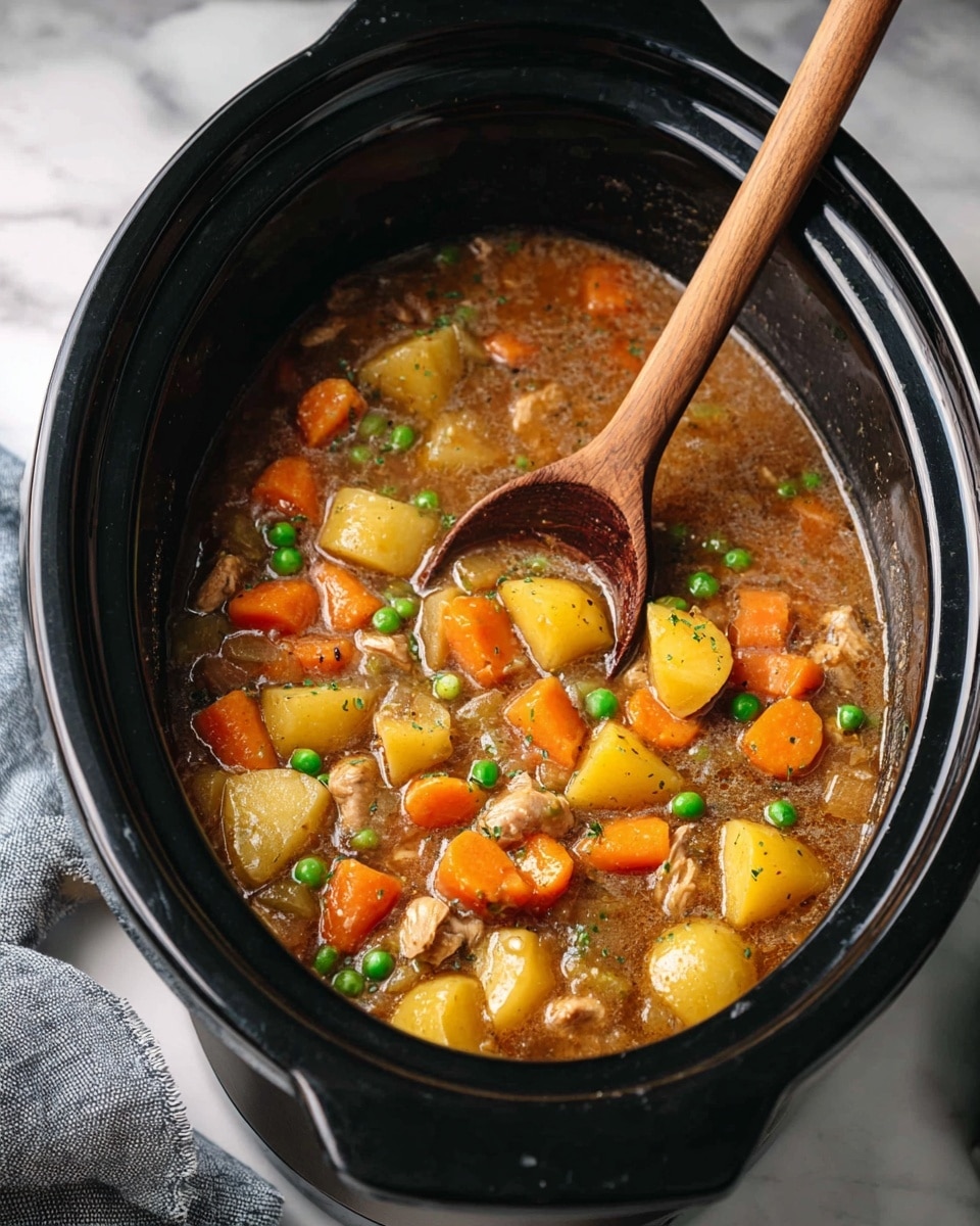 A black slow cooker filled with a thick stew showing a mix of chunky layers including light brown stew base, small whole yellow potatoes, bright orange carrot slices, green peas, and pieces of light-colored cooked meat. A wooden spoon rests inside the pot, partly submerged in the stew, on top of a white marbled surface with part of a gray cloth visible in the background. Photo taken with an iphone --ar 4:5 --v 7