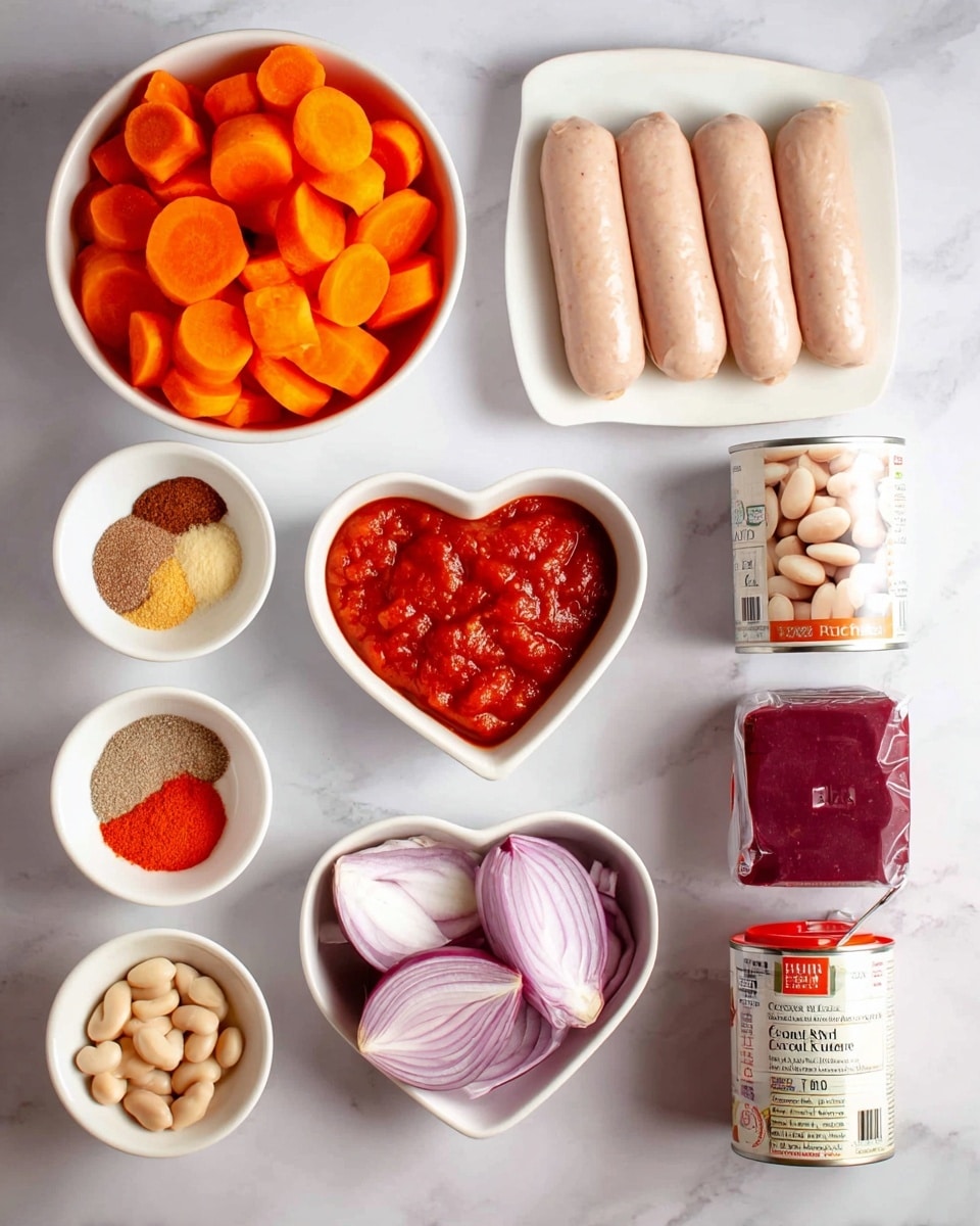The image shows several ingredients arranged on a white marbled surface. There is a white bowl filled with sliced bright orange carrots on the top left. On the top right, a white plate holds eight pale beige sausages stacked neatly. In the center, a small white heart-shaped bowl contains a thick, deep red tomato paste, while to the left of it, a round white bowl holds four different seasonings: a brown powder, a darker brown powder, bright red powder, and grated light yellow garlic. Below that, another white bowl contains several purple and white striped slices of red onion. On the right side, two cans are placed side by side – the top one contains red chopped tomatoes, and the bottom one holds pale cannellini beans. A small dark red wrapped cube, likely a stock cube, sits near the center. The overall look is clean and organized. photo taken with an iphone --ar 4:5 --v 7
