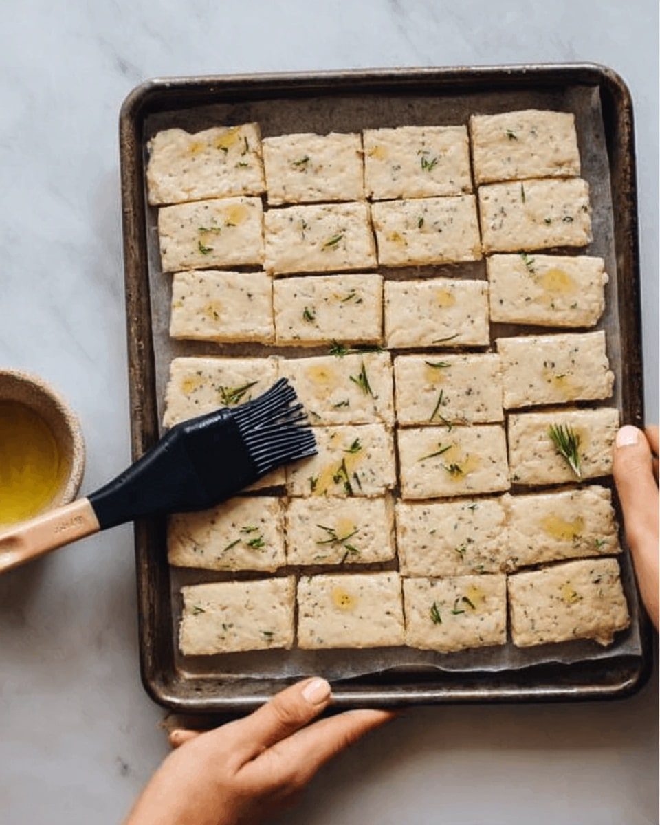 The image shows a baking tray filled with dough cut into fifteen small rectangular pieces arranged in three rows and five columns. The dough is light beige in color with a slightly rough texture and has small holes and herbs sprinkled on top, some pieces showing a small drizzle of oil. A woman's hand holds a black pastry brush applying oil over the dough, while another woman's hand holds the tray on a white marbled surface. Photo taken with an iphone --ar 4:5 --v 7