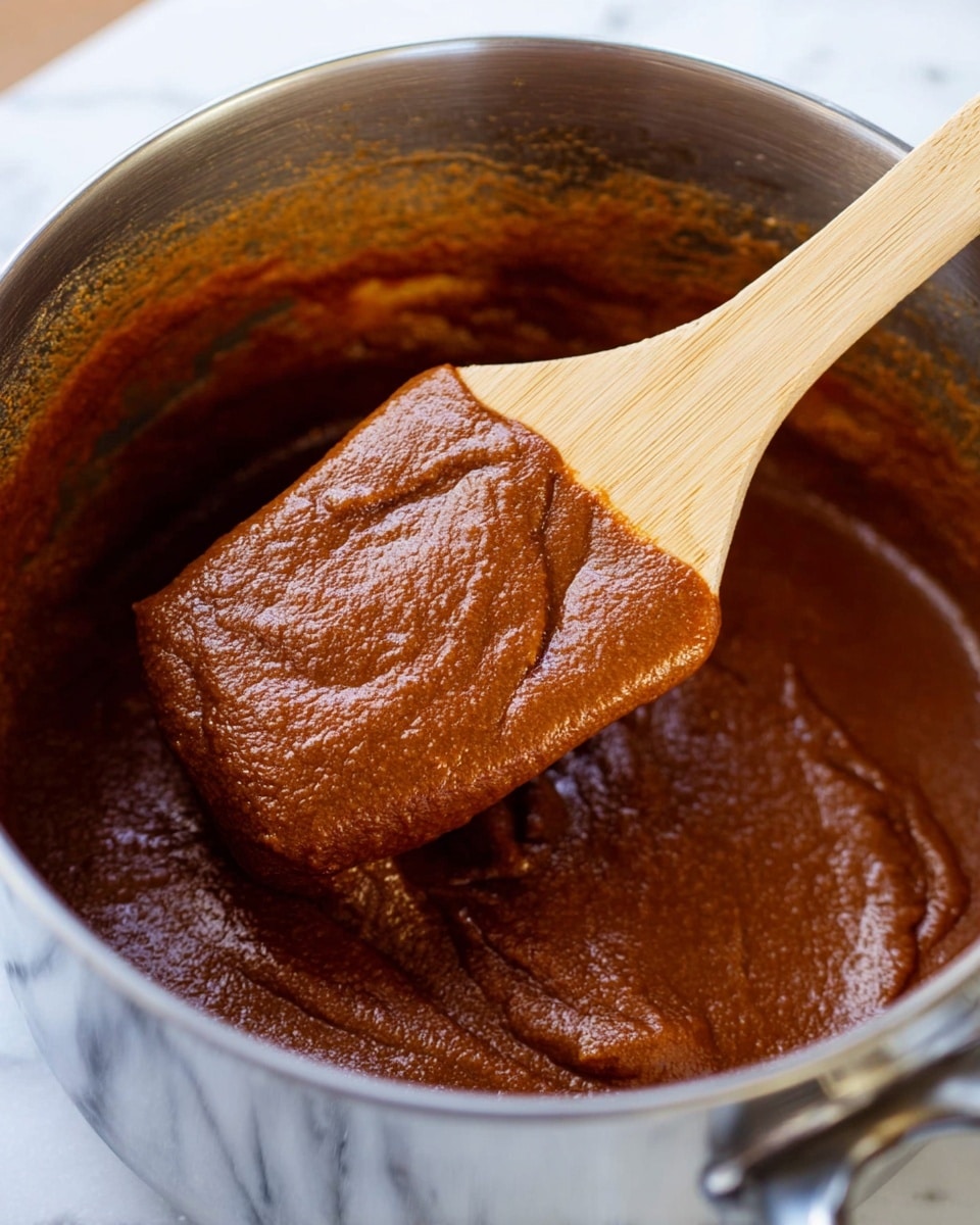 The image shows a close-up of a thick, rich brown sauce with a smooth and slightly chunky texture inside a shiny metal pot. A light wooden spoon is dipped into the sauce, lifting a generous scoop of the thick sauce that has a glossy finish and dense consistency. The sides of the pot have sauce residue, hinting the sauce was stirred well. The background features a white marbled texture surface. photo taken with an iphone --ar 4:5 --v 7