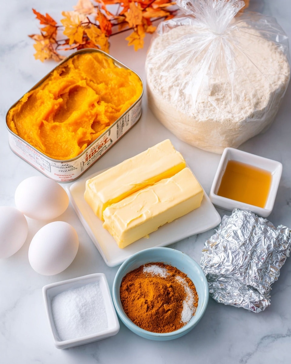 The image shows a white marbled surface with baking ingredients neatly arranged. In the top left is an opened can of bright orange pumpkin puree with a smooth, thick texture. Behind it is a large, clear plastic bag of light beige flour. In front are two sticks of yellow butter in their wrappers placed side by side. To the left are four white eggs with smooth shells. There is a small white bowl filled with powdered white sugar. Beside it is a smaller light blue bowl holding a pile of orange-brown ground cinnamon. Lastly, a small white square bowl contains a golden amber liquid, likely vanilla extract. The shiny silver foil of cream cheese is wrapped and positioned in the bottom right corner. All items are well lit and arranged casually with some autumn-themed decoration peeking from the left edge. Photo taken with an iphone --ar 4:5 --v 7