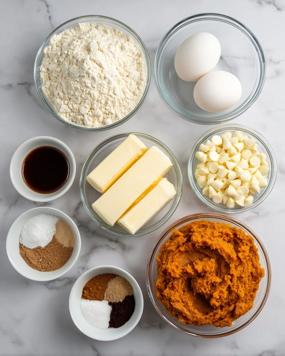 The image shows eight glass bowls placed on a white marbled surface, each filled with different baking ingredients. Starting from the top left, there is a bowl filled with white flour showing a crumbly texture, next to it on the right is a bowl holding a single white egg. Below the flour is a bowl containing two sticks of pale yellow butter, and centrally placed below the egg is a bowl filled with smooth, white chocolate chips. To the right of the chips is a small white bowl holding a dark brown liquid, likely vanilla extract. Below that are two small white bowls, one with a mix of brown powder (likely spices) and white powder, and the other with a grainy brown sugar. On the bottom right is a bowl filled with thick, bright orange pumpkin puree. All bowls are clear except the small white ones, and the background is a clean white marble. Photo taken with an iphone --ar 4:5 --v 7
