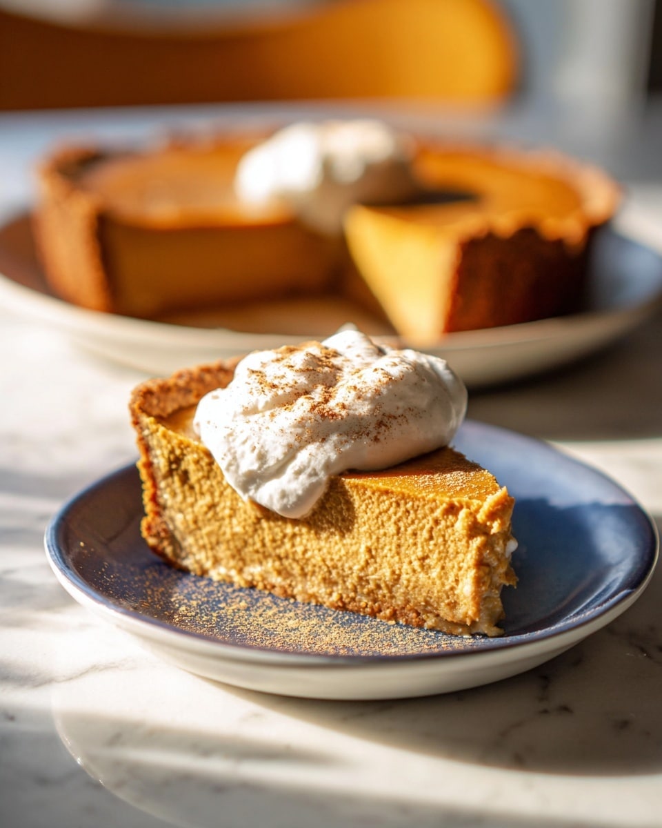 A single slice of smooth, light brown pumpkin pie with a slightly crumbly golden crust sits centered on a white plate with a blue interior. The pie slice has a thick layer of whipped cream on top, sprinkled with a light dusting of cinnamon or nutmeg. In the background, the rest of the pie is visible on a white plate, showing several slices taken out. The scene is set on a white marbled surface with warm sunlight casting soft shadows. Photo taken with an iphone --ar 4:5 --v 7