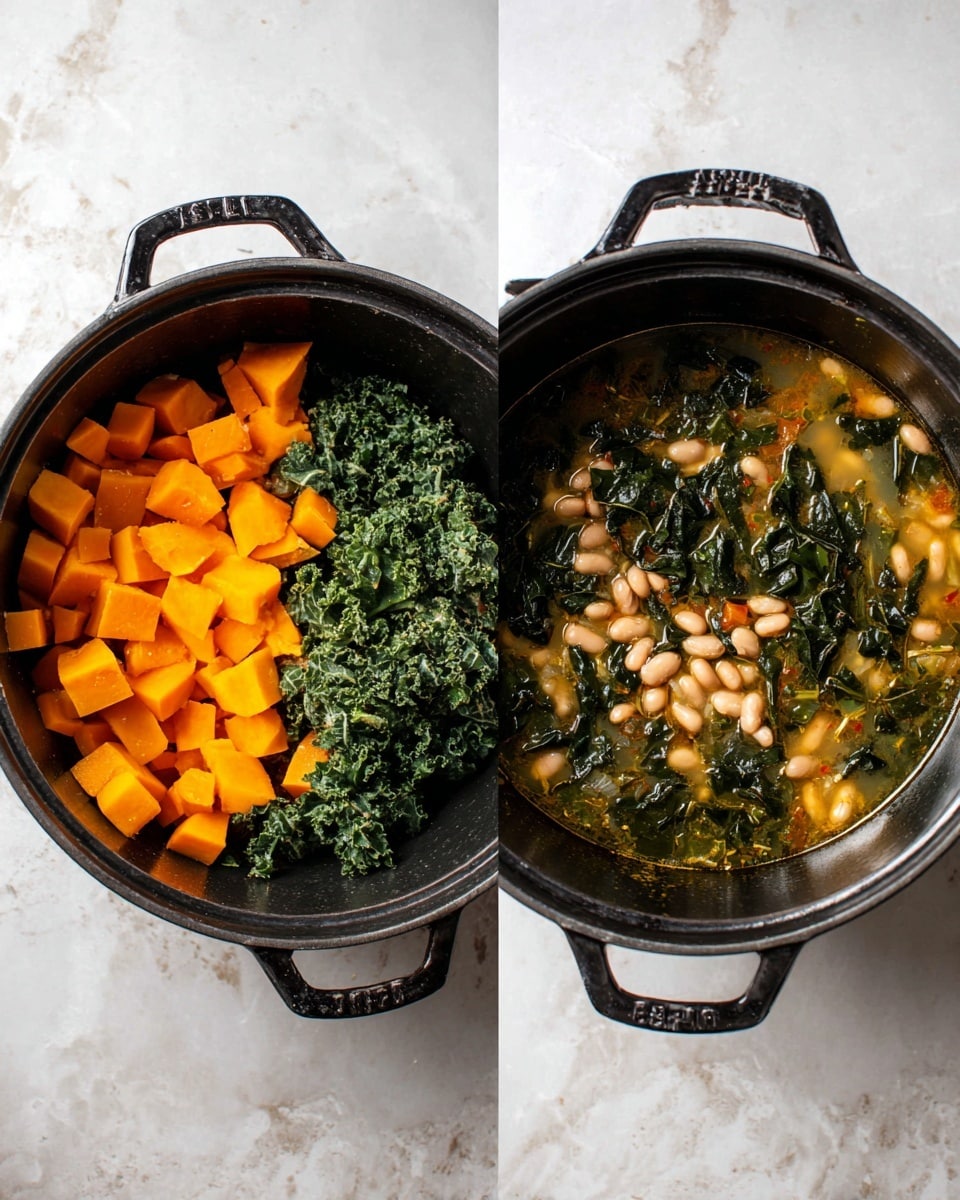 The image shows two black cast-iron pots placed on a white marbled surface. The pot on the left contains three main layers: bright orange cubes of squash at the bottom, a layer of dark green chopped kale, and a pile of light beige beans on top. The pot on the right shows the same pot with the ingredients mixed in liquid, creating a soup with visible orange cubes, dark green kale leaves, and small pieces of beans floating in a clear broth. The kraft of the cast-iron is glossy and the texture of the leaves looks fresh and crisp. photo taken with an iphone --ar 4:5 --v 7