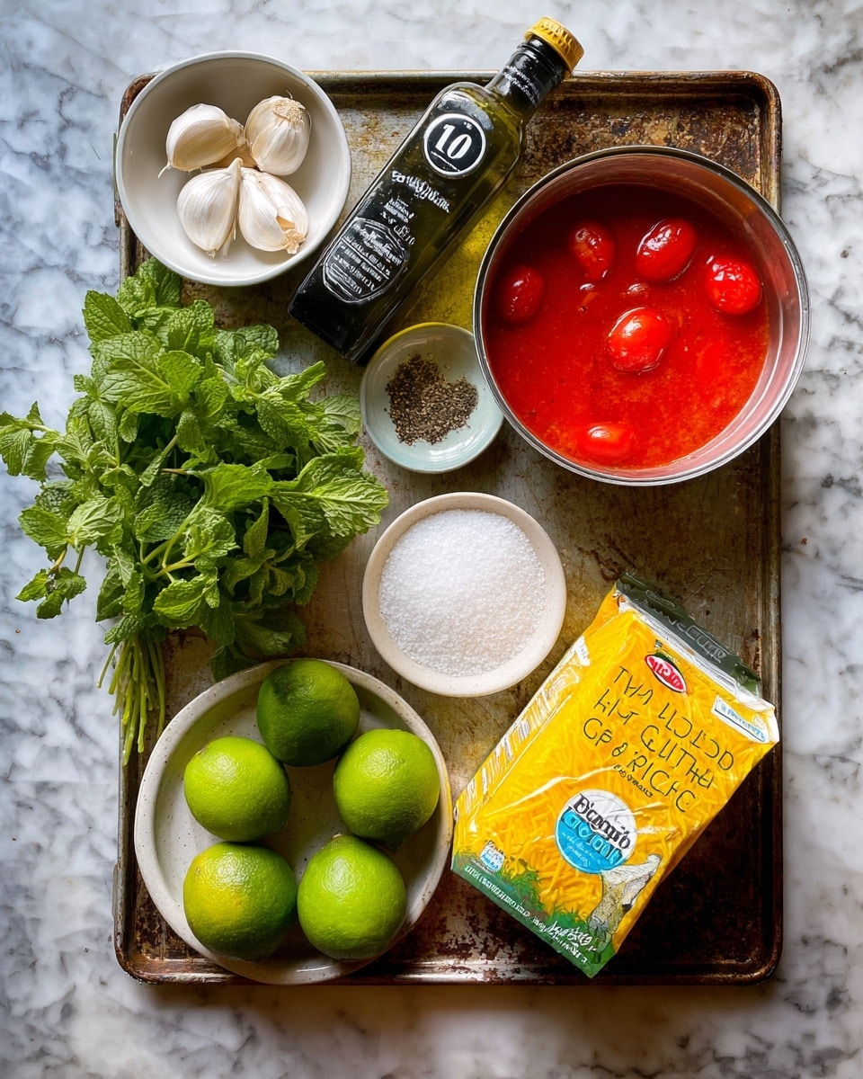 A metal tray holds several cooking ingredients arranged neatly on a white marbled surface. In the top left corner, a small white bowl contains three garlic cloves, next to a dark green bottle of extra virgin olive oil. To the right, an open white can reveals whole peeled tomatoes in bright red liquid. Below the can, there is a round white bowl filled with coarse salt. Near the center is a small glass jar of black pepper. A small white plate with fresh green mint leaves is placed towards the bottom left. Below the plate, there are two whole bright green limes. To the right side of the limes, a yellow and black plastic bag of fideo pasta rests beside a bunch of fresh green cilantro. On the bottom right corner, a carton of organic chicken broth with a yellow and blue label is placed. photo taken with an iphone --ar 4:5 --v 7