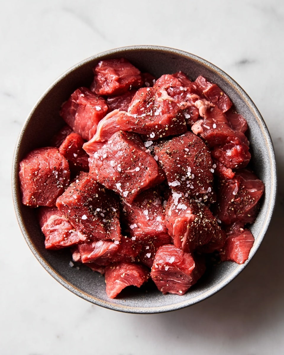 A close-up view of a round gray bowl filled with uneven chunks of raw red meat, seasoned with coarse black pepper and white salt flakes evenly scattered over the surface. The meat pieces vary in size and show slight marbling with some visible fat. The bowl sits on a white marbled textured surface with soft natural light highlighting the fresh texture and red color of the meat. photo taken with an iphone --ar 4:5 --v 7