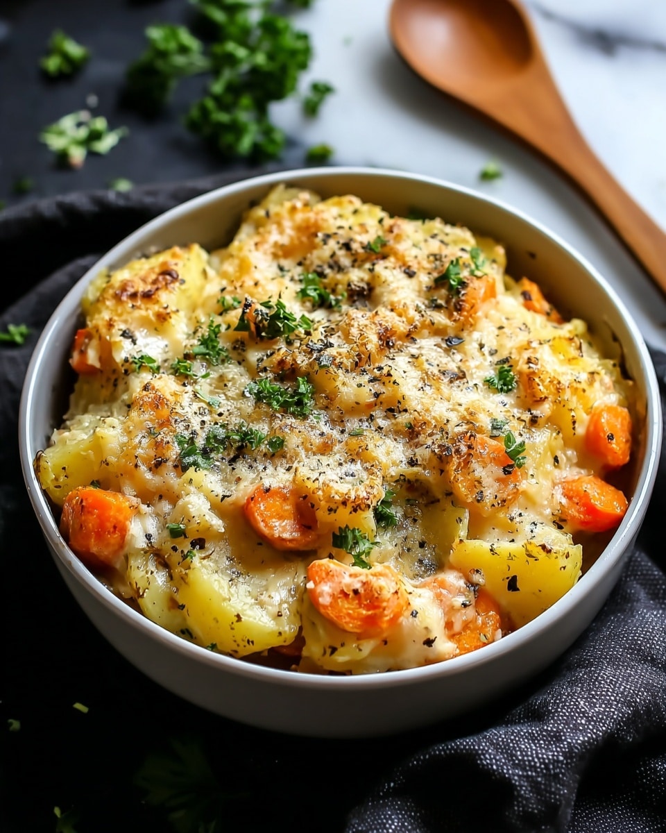 A bowl filled with a layered potato dish showing three main layers: the bottom layer with soft yellow potato chunks, the middle layer with bright orange carrot pieces, and the top layer covered with melted creamy cheese sprinkled with black pepper, grated cheese, and bits of fresh green parsley. The bowl is white, set on a white marbled surface with a wooden spoon and some blurred scattered green herbs in the background, and a dark cloth napkin partly under the bowl. Photo taken with an iphone --ar 4:5 --v 7