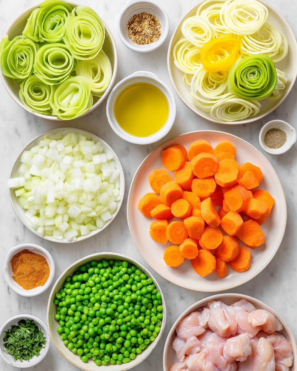 A top view of several white dishes arranged on a white marbled surface, each holding different fresh ingredients: one large white plate in the center holds two halves of sliced green celery on the left and bright orange carrot rounds on the right, arranged side by side; above it, a white plate contains pale yellow and light green spiralized leek slices with a curled yellow leek piece on top; to the right, another white plate holds raw light pink chicken pieces filling it; below the chicken, a white bowl is full of small white onion cubes; at the bottom left, a white bowl with bright green frozen peas fills the frame; next to it is a small white bowl with golden-yellow olive oil; above the peas and to the left of the celery and carrot plate, there is a small dish with mixed spices in orange, pale yellow, and green shades beside a small white bowl with chopped green parsley; to the right of the chicken plate are three small bowls containing coarse salt, black pepper, and another light salt or powder; all bowls and plates are placed on a clean white marbled surface. Photo taken with an iphone --ar 4:5 --v 7