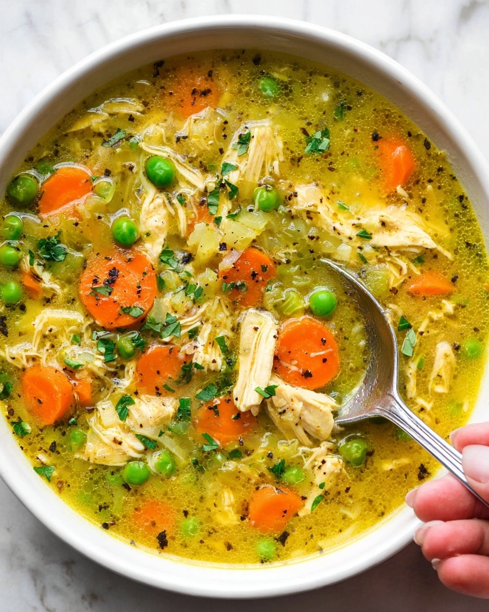 A white bowl filled with a clear, yellowish broth soup containing several layers of ingredients: soft orange carrot slices, bright green peas, translucent celery chunks, and shredded light yellow chicken pieces. The soup is sprinkled with finely chopped green herbs and black pepper, adding texture and color contrast. A silver spoon is partially submerged on the right side, held by a woman's hand, highlighting the soup's chunky and liquid layers. The bowl sits on a white marbled surface, giving a clean and fresh look. Photo taken with an iphone --ar 4:5 --v 7