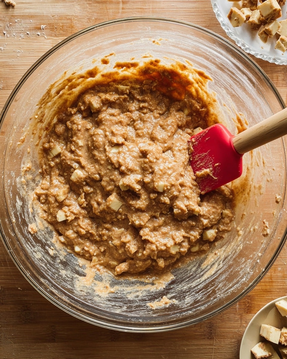 A clear glass bowl filled with a thick, brown batter that has many small chunks of light yellow and tan pieces mixed throughout, giving it a textured look. The batter sits in the center of the bowl, with some batter smeared lightly along the inner sides. A wooden-handled spatula with a bright red silicone head rests inside the bowl, partially covered with the same batter on its edge. The bowl is placed on a wooden surface with a smaller plate containing diced light brown pieces near the bottom right corner. The scene is lit softly, showing off the mix of smooth and chunky textures in the batter. Photo taken with an iphone --ar 4:5 --v 7
