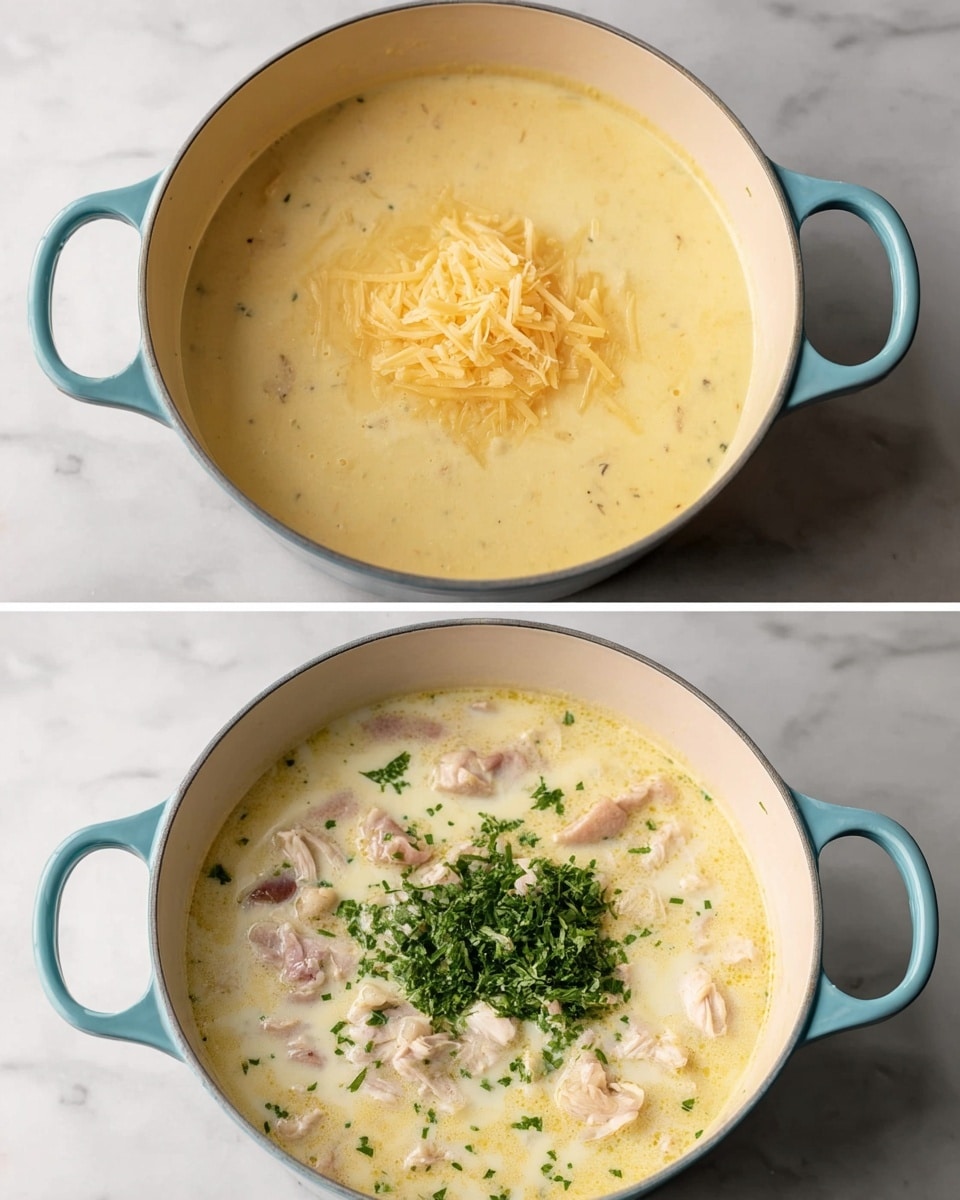 Two images show a light blue pot with a creamy soup inside, placed on a white marbled surface. In the first image, the soup is pale yellow and slightly thick with a small pile of shredded pale yellow cheese in the center. In the second image, the soup is still creamy pale yellow but now mixed with pieces of light brown meat and topped with a handful of bright green chopped herbs, mostly concentrated in the middle. The pot has two handles, one on each side. photo taken with an iphone --ar 4:5 --v 7