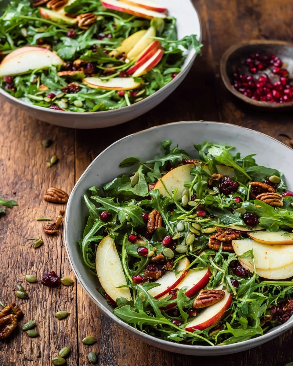 Two white bowls filled with fresh green arugula leaves as the base layer, topped with thin slices of red and yellow apple scattered evenly throughout. Small clusters of toasted pecans and light green pumpkin seeds are spread on top, adding texture, along with a few red pomegranate seeds for color contrast. The bowls sit on a wooden table with a rustic, natural look. Some loose nuts and pomegranate seeds are scattered outside the bowls on the table. The salad looks fresh and vibrant with a mix of green, red, and brown tones. photo taken with an iphone --ar 4:5 --v 7