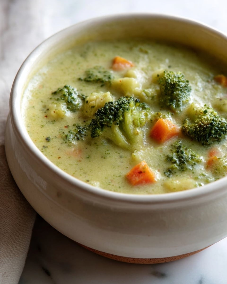 A close-up view of a bowl filled with thick broccoli soup showing three main layers of chunky ingredients. At the bottom and throughout, there is a creamy pale green base with a smooth texture. On top of this base are bright green broccoli florets with small, textured buds, giving a fresh and slightly rough look. Scattered among the broccoli pieces are small cubes of soft orange carrots adding a pop of color. The bowl is white with simple round edges, sitting on a white marbled surface. The lighting highlights the soup’s creamy texture and the color contrast between the broccoli and carrots. photo taken with an iphone --ar 4:5 --v 7
