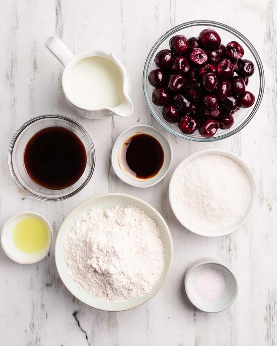 The image shows seven clear glass or white ceramic bowls arranged on a white marbled surface. From top left, there is a large glass bowl full of dark red sliced cherries with shiny juice. To the right, a small white bowl contains dark brown liquid, likely vanilla or syrup. Next to that, a clear glass jug holds white cream or milk. Below these, on the left, a small white bowl has light yellow liquid, probably oil. Centered is a white bowl filled with granulated white sugar, and to the right, a large glass bowl contains white flour. A tiny bowl with salt is between the sugar and the vanilla bowl. The scene shows clean, simple ingredients neatly organized. photo taken with an iphone --ar 4:5 --v 7