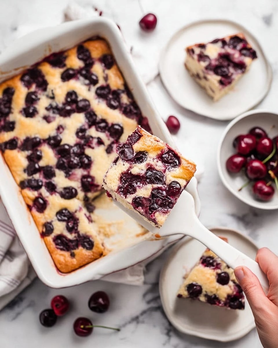 A white rectangular dish filled with a baked cherry dessert that has a golden brown top and dark red cherries spread evenly over the surface. A white spatula holds a square piece lifted from the dish, showing a thick, soft layer with baked cherries inside and on top. Two small white plates with slices of the dessert and a few scattered cherries sit beside the dish on a white marbled surface. A woman's hand holds the spatula near the dish. Photo taken with an iphone --ar 4:5 --v 7