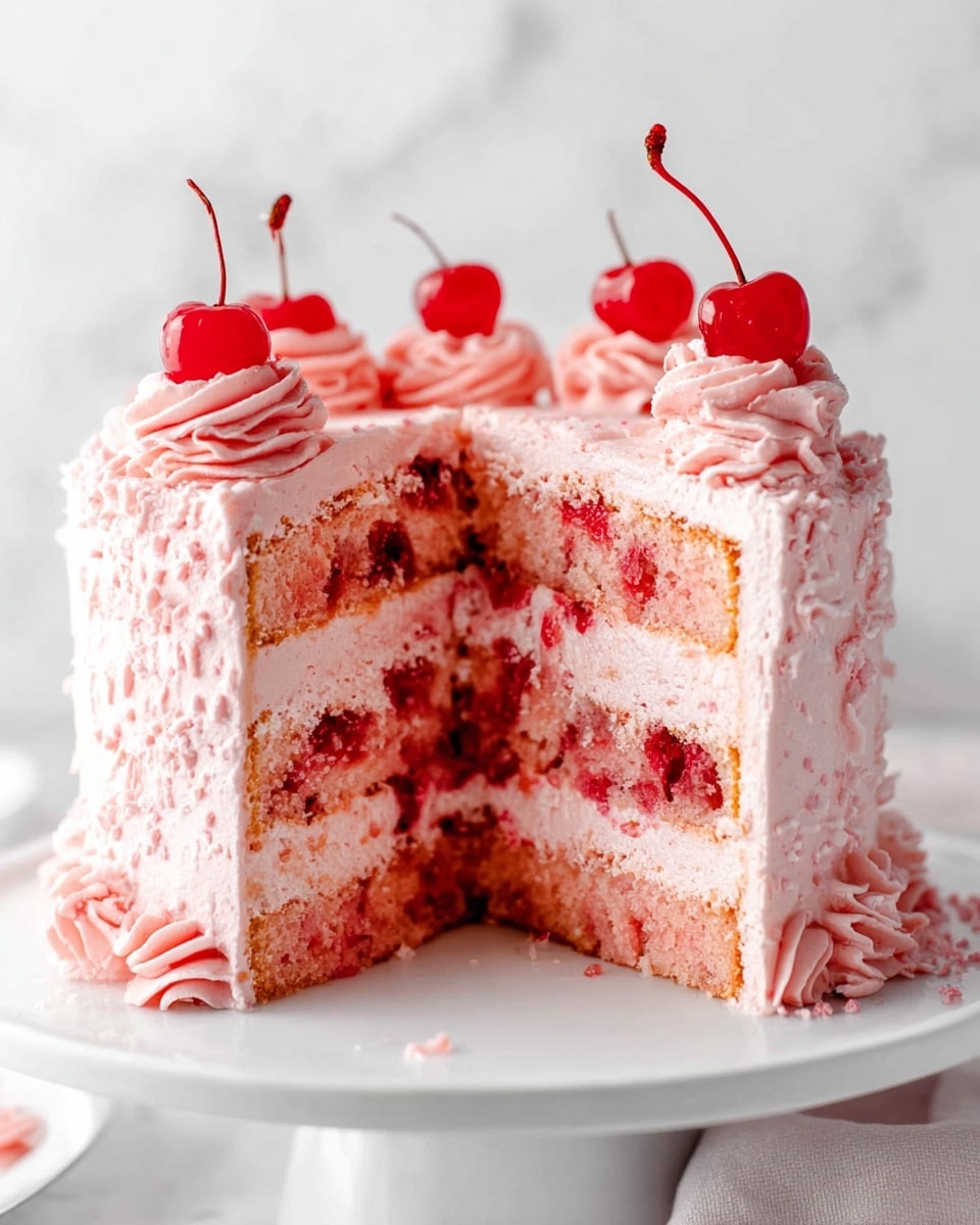A three-layer pink cake stands on a white plate with soft pink frosting covering the outside. Each cake layer is light pink with visible red cherry pieces inside, separated by smooth, creamy pink frosting layers. The outside is frosted evenly with the same pink cream, topped with swirls of piped pink frosting, each holding a bright red cherry with a long stem. The cake sits on a white marbled surface in front of a plain white background. photo taken with an iphone --ar 4:5 --v 7