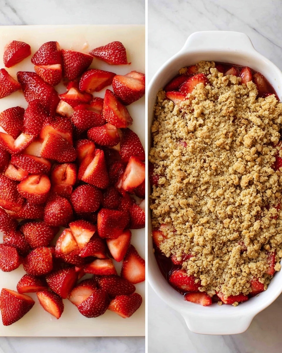 The image shows two side-by-side photos on a white marbled surface. The left photo has many bright red strawberries, some whole and some sliced in half, spread out on a white cutting board. The right photo shows a white oval baking dish filled with a bottom layer of sliced strawberries topped with a thick, golden-brown crumbly mixture covering the fruit completely. photo taken with an iphone --ar 4:5 --v 7