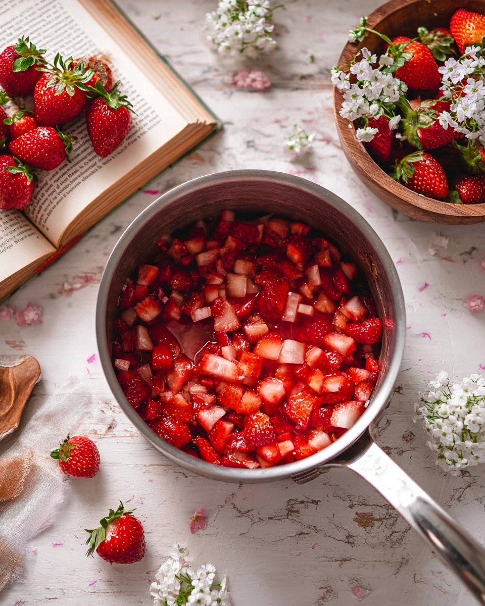 A shiny silver pot filled with small pieces of bright red diced strawberries, showing a mix of shiny and juicy textures. On the white marbled surface around the pot, there is a white plate full of whole strawberries with green leaves and small white flower decorations. Nearby, an open book lies flat with more strawberry pieces and more small white flowers placed on and around it, plus a wooden bowl holding some flowers. The scene is colorful and fresh, filled with red, white, and green tones, all bright and inviting. Photo taken with an iphone --ar 4:5 --v 7