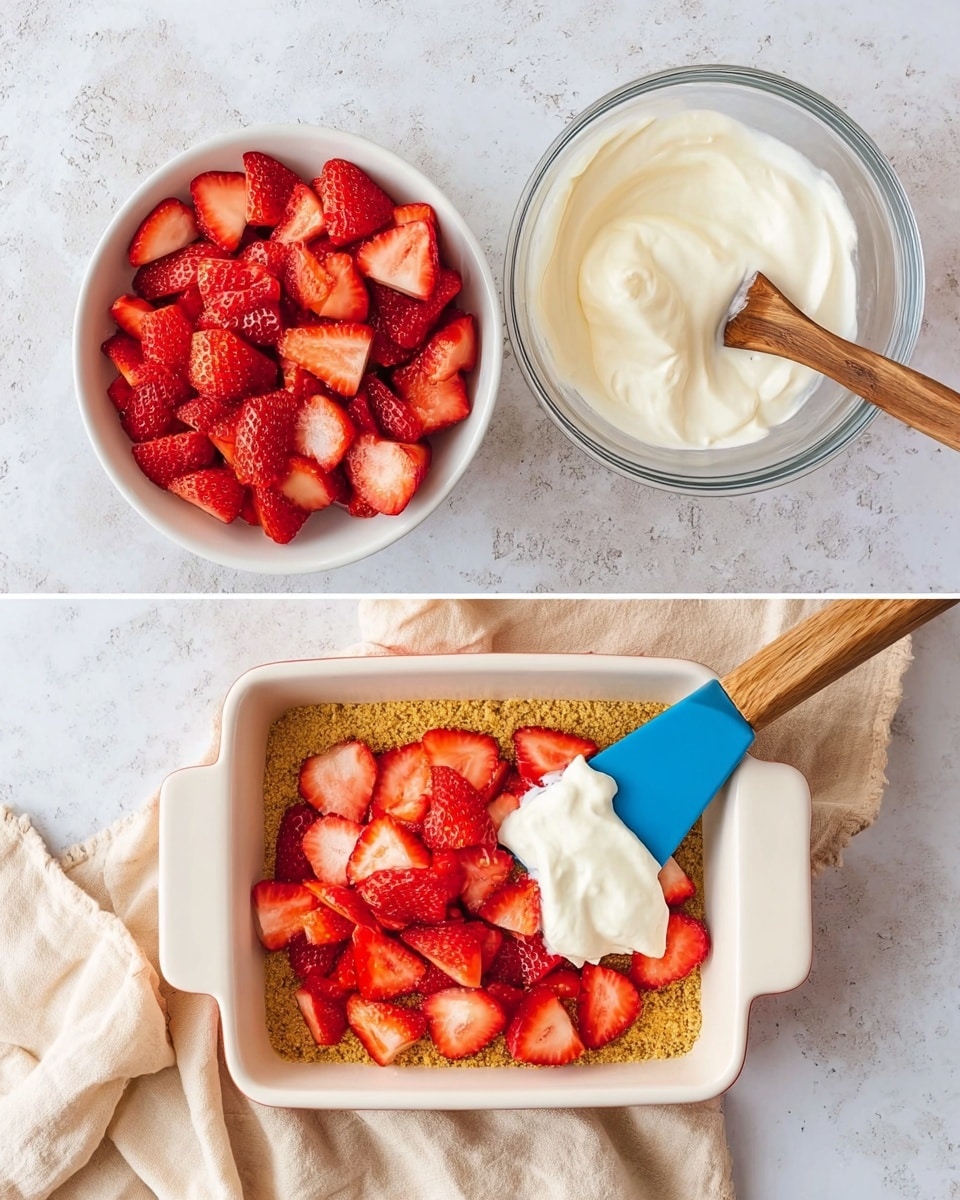 The image shows a white baking dish with a layer of crumbly golden crust at the bottom, topped with fresh, bright red sliced strawberries arranged in a single layer. Next to it is a small white wooden bowl filled with more sliced strawberries. In the next frame, a blue spatula with a wooden handle is placed on top of the sliced strawberries inside the same baking dish, with a dollop of smooth white cream being spread over the strawberries. Above the dish is a glass bowl containing more of the cream, all set on a white marbled textured surface with a light beige cloth partially visible around the edges. photo taken with an iphone --ar 4:5 --v 7