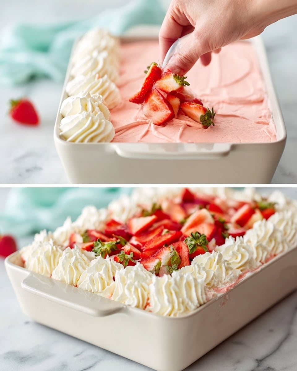 The image shows a two-part view of a dessert preparation in a white baking dish. The dessert has two visible layers; the bottom layer is smooth and pink, filling the dish evenly. On top of this, thick white whipped cream is being piped in even swirls along the edge of the dish, creating a decorative border. In the second part of the image, a woman's hand is placing thinly sliced fresh strawberries over the whipped cream layer, with the strawberries' red and green leaves standing out brightly. The dessert is set on a white marbled surface with a soft, light background, giving a clean and fresh feel. Photo taken with an iphone --ar 4:5 --v 7