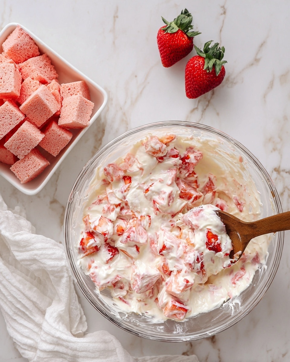 The image shows a clear glass bowl filled with a creamy mixture that has chunks of red strawberries folded into a smooth, white cream, giving it a soft and fluffy texture. A wooden spoon rests inside the bowl, partially covered in the creamy strawberry mixture. To the top left, there is a white square dish filled with small, spongy, pink cake cubes. Two whole strawberries with green leaves are placed on a white marbled surface next to the bowls. A white cloth is casually placed at the bottom left corner. The overall color scheme is light and fresh, with white, pink, and red tones standing out. photo taken with an iphone --ar 4:5 --v 7