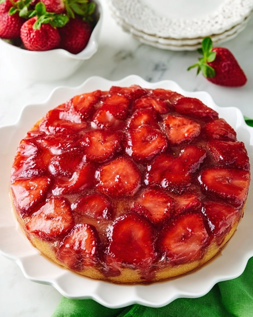 A round upside-down strawberry cake with one layer shows glossy, red strawberry slices spread evenly on top, creating a textured, shiny fruit layer. The base is a light golden cake that peeks slightly around the edges under the strawberry topping. The cake sits on a white, scalloped-edged plate placed on a white marbled surface. Fresh strawberries in a white bowl and a white decorative plate are partially visible in the background, along with a green cloth under the plate, adding color contrast. Photo taken with an iphone --ar 4:5 --v 7