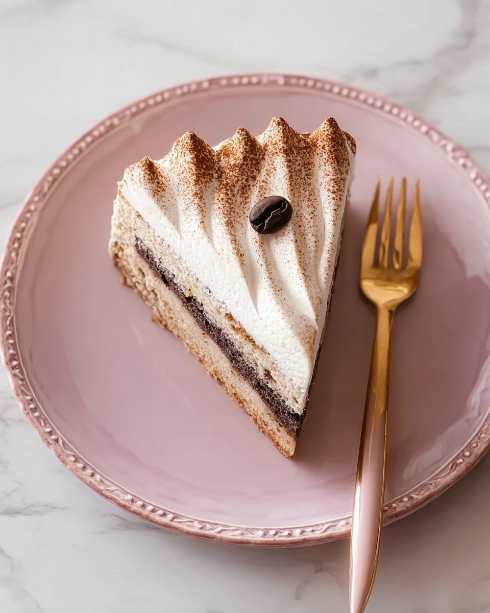 A slice of cake with three layers is on a white plate with a pink tint and detailed edges. The bottom layer is light brown with a crumbly texture, the middle layer is dark brown and dense, and the top layer is white cream with a wavy pattern, dusted lightly with cocoa powder. A single dark round coffee bean sits near the pointed end of the slice. A gold fork with a pink handle rests on the plate near the cake, and the plate is placed on a white marbled surface. Photo taken with an iphone --ar 4:5 --v 7